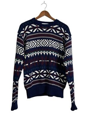 Traditions Men’s M Navy Cotton Knit Rom Com Fair Isle Crewneck Sweater